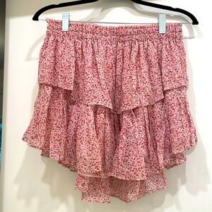LoveShackFancy tiered‎ ruffle pink mini skirt $245 sz L